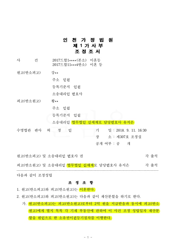 BC65D45CEFC10F7BCBA434BF2FB07011_1.jpg 위자료로 받은 부동산(3억3천상당) 재산분할에서 제외. 그 이외에 2억 5천 추가지급받는 승소 — 사례 자료 4