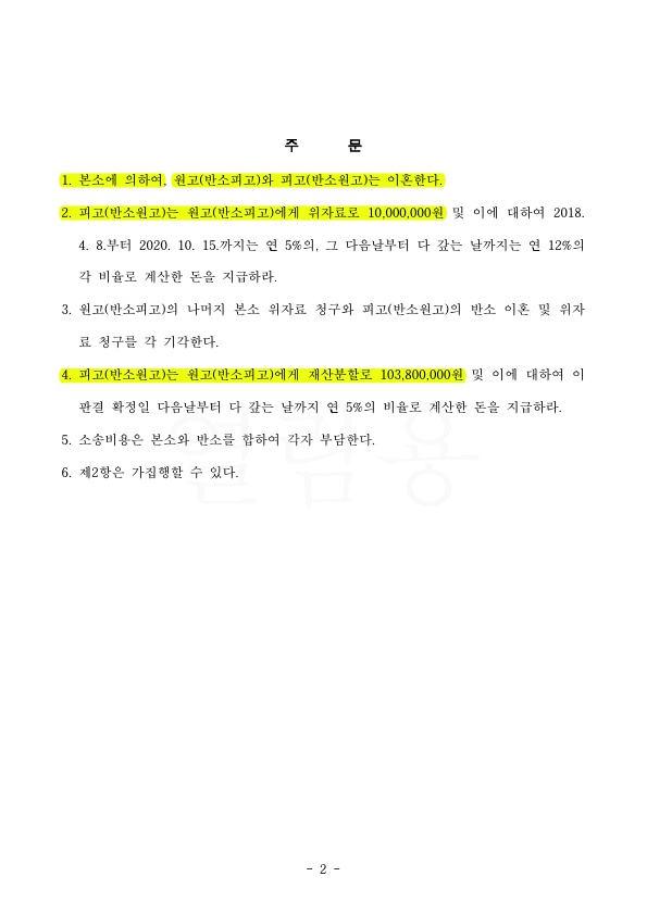 2.jpg 혼인기간 4년중 잦은 폭언욕설로 인한 이혼청구, 위자료 1천만원 특유재산 20% 인정 승소 — 사례 자료 5
